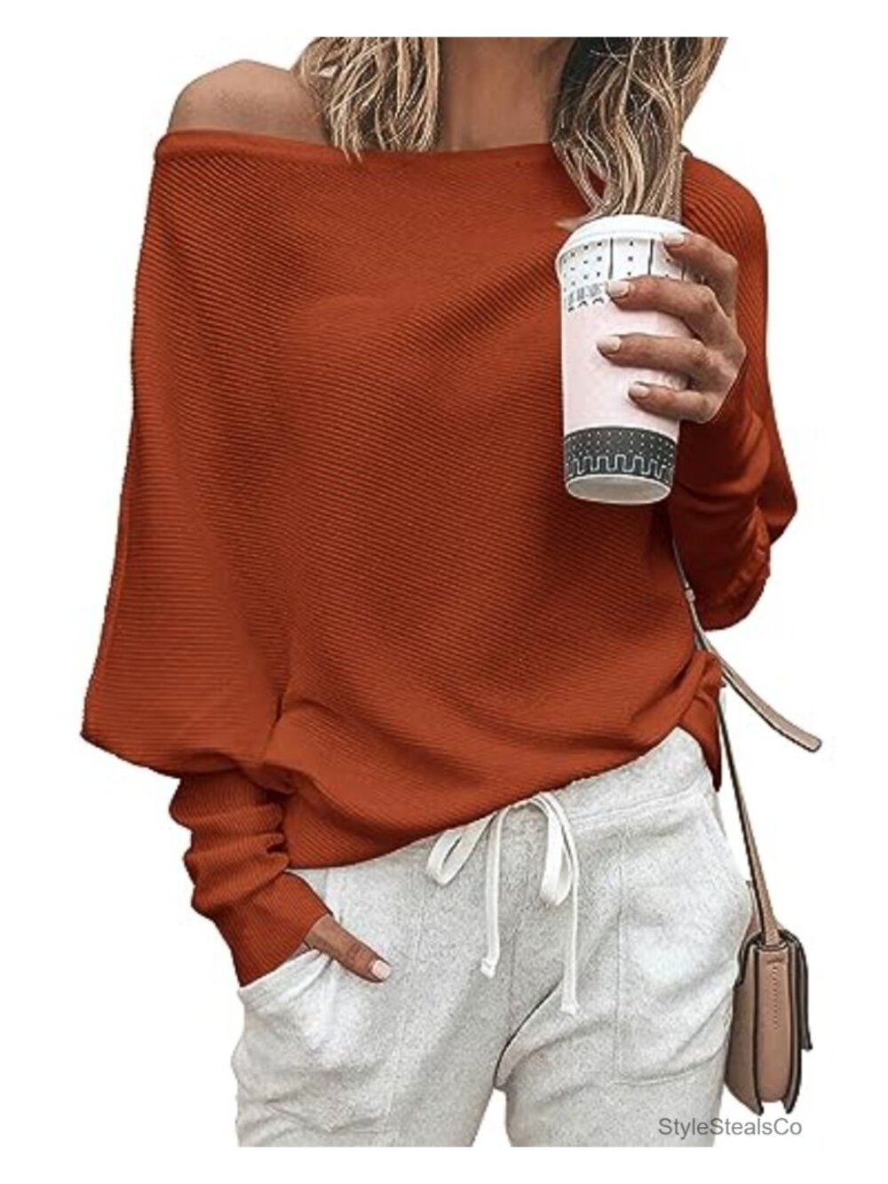 Off The Shoulder Ribbed Knit Pullover Sweater Batwing Long Sleeve Loose Fit